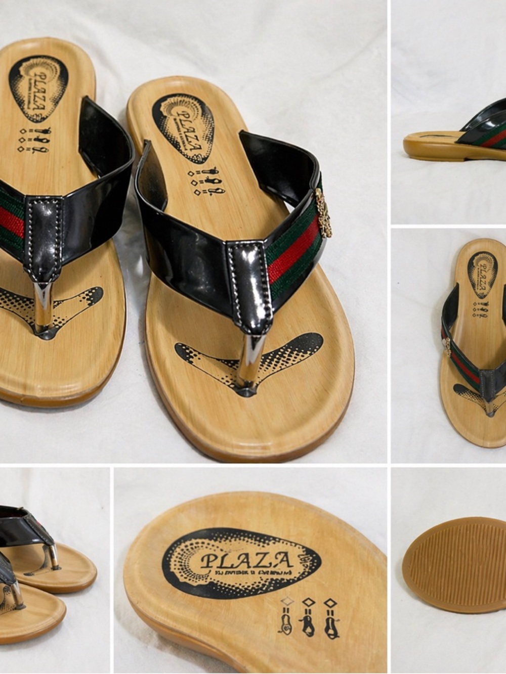 PLAZA Bamboo Insole Black Thong Sandals with Green & Red Stripe